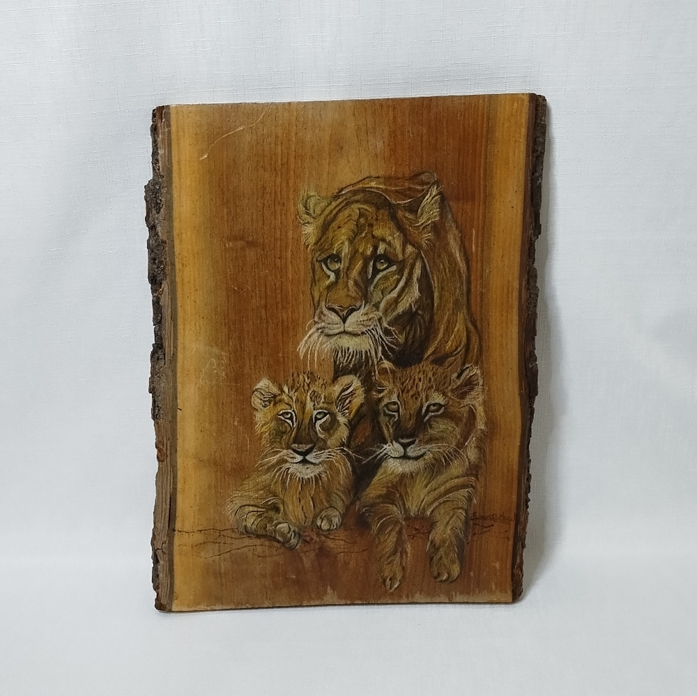 Hand Painted Lion Family Live Edge Wood Art Hanging Rectangle Plaque